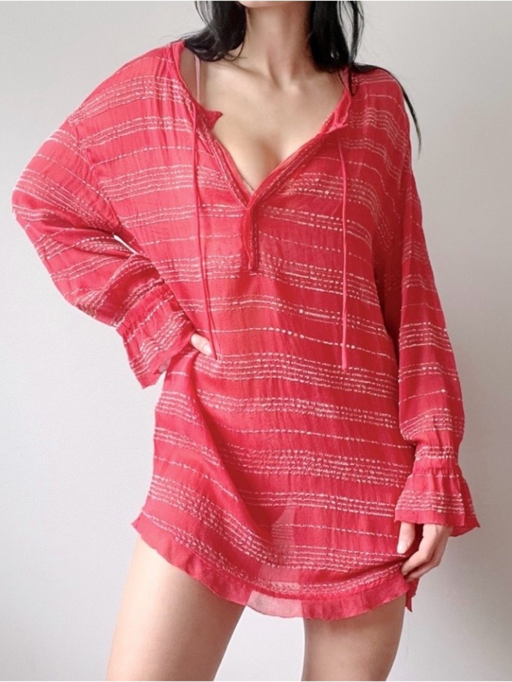 IRO Bluy Mini Dress/Cover Up Sheer Coral Metallic Stripe Embroidery Size 34/US 2